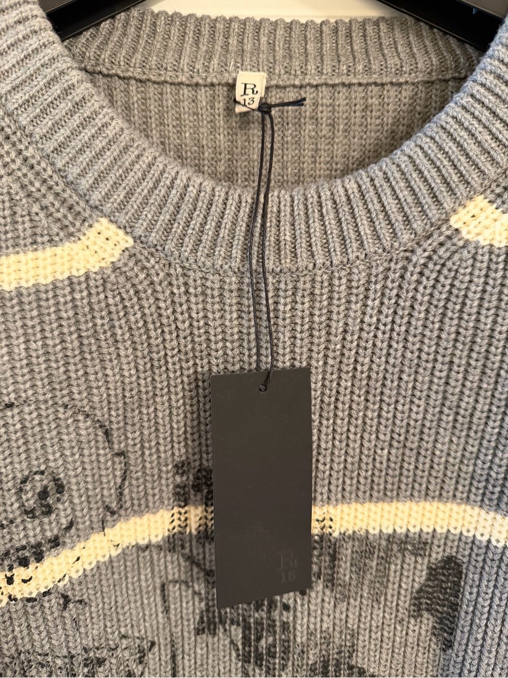 R13 Gray and White Striped Crewneck Sweater with Black Graphic - Picture 2 of 5